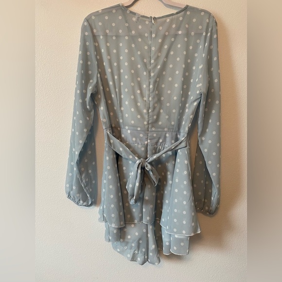 Fashion Boho Sheer Robins Egg Blue & White Polka Dot Belted Shorts Romper Large - Picture 6 of 10